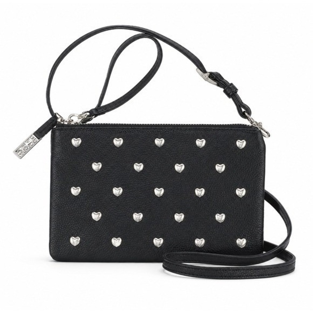 Brighton Black Leather Crossbody Bag Heart Studded Organizer Purse Silver Studs